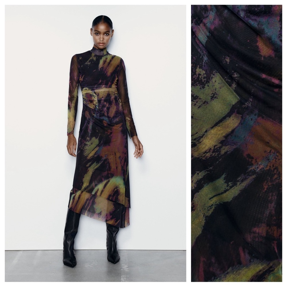 NWT. Zara Printed Tulle High collar Midi Dress. Size L.